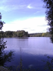La statue de la Vierge Marie, au milieu de l'étang de l'Abbaye de Melleray